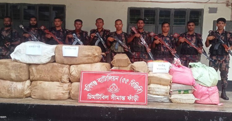 ২৪ ঘণ্টায় সীমান্তে অভিযান চালিয়ে ৫৩ লক্ষ ৭৭ হাজার টাকার চোরাচালানি পণ্য ও মাদকদ্রব্য জব্দ