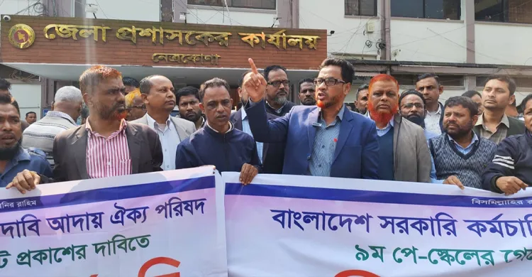 ৯ম পে স্কেলের গেজেট প্রকাশের দাবিতে নেত্রকোণায় সরকারি কর্মচারীদের বিক্ষোভ