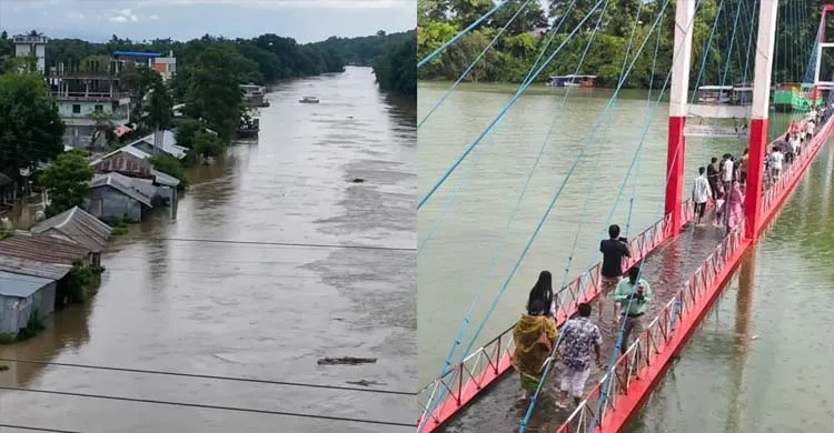 কাপ্তাই হ্রদের পানি বাড়ছে, ডুবে গেছে ঝুলন্ত সেতু, বাঘাইছড়ির নিম্নাঞ্চল প্লাবিত