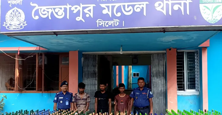 জৈন্তাপুরে ট্রাক থেকে বিদেশি মদ, ফেনসিডিল ও ইয়াবা জব্দ, আটক ৩